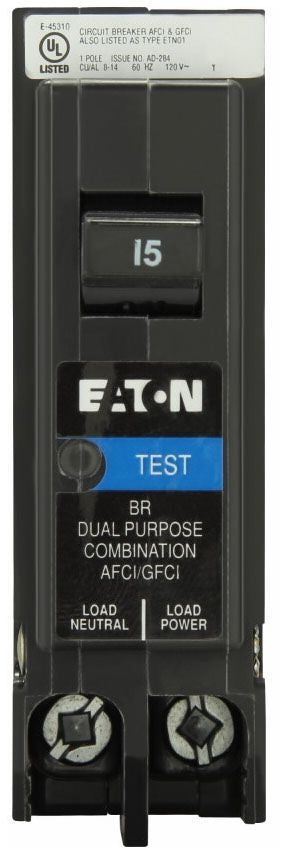 Eaton BRP115DF Type BR Arc Fault / Ground Fault Circuit Breaker, Plug-on Neutral, 120 VAC, 15 Amp, 10 kAIC, 1-Pole