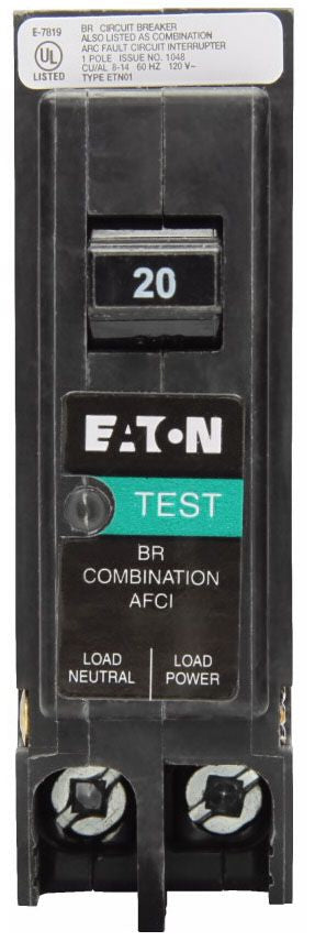 Eaton BRP120AF Type BR Arc Fault Circuit Breaker, Plug-on Neutral, 120 VAC, 20 Amp, 10 kAIC, 1-Pole