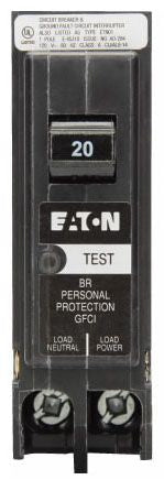 EATON BRP120GF Type BR Ground Fault Circuit Breaker, Plug-on Neutral, 120 VAC, 20 Amp, 10 kAIC, 1-Pole