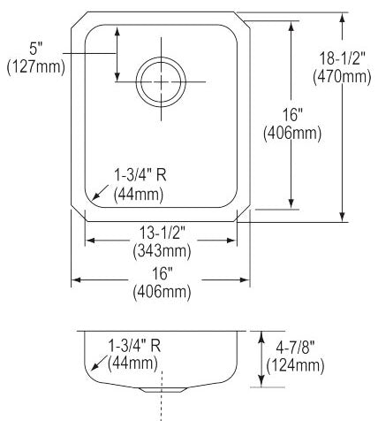 Elkay ELUHAD131650 Lustertone Classic Stainless Steel 16 x 18-1/2 x 4-7/8 Single Bowl Undermount ADA Sink