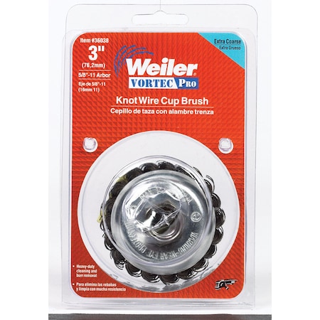 Weiler 36038 Vortec Pro 3 Knot Wire Cup Brush 020 Steel Fill 5/8-11 UNC Nut