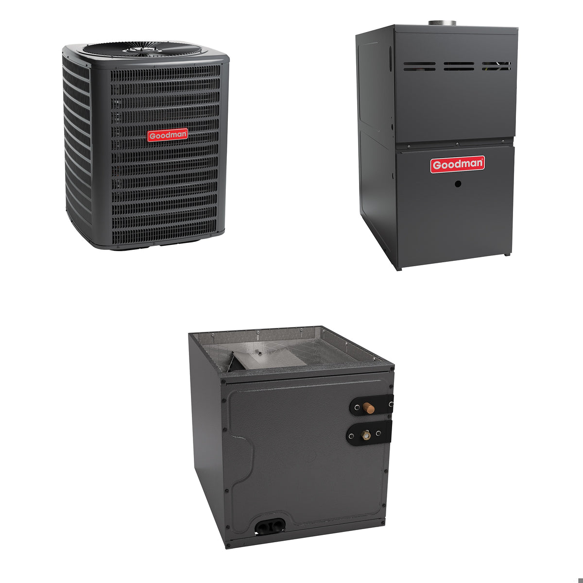 Goodman - 3.5 Ton Cooling - 80k BTU/Hr Heating - Air Conditioner + Multi Speed Furnace System - 13.5 SEER - 80% AFUE - Downflow