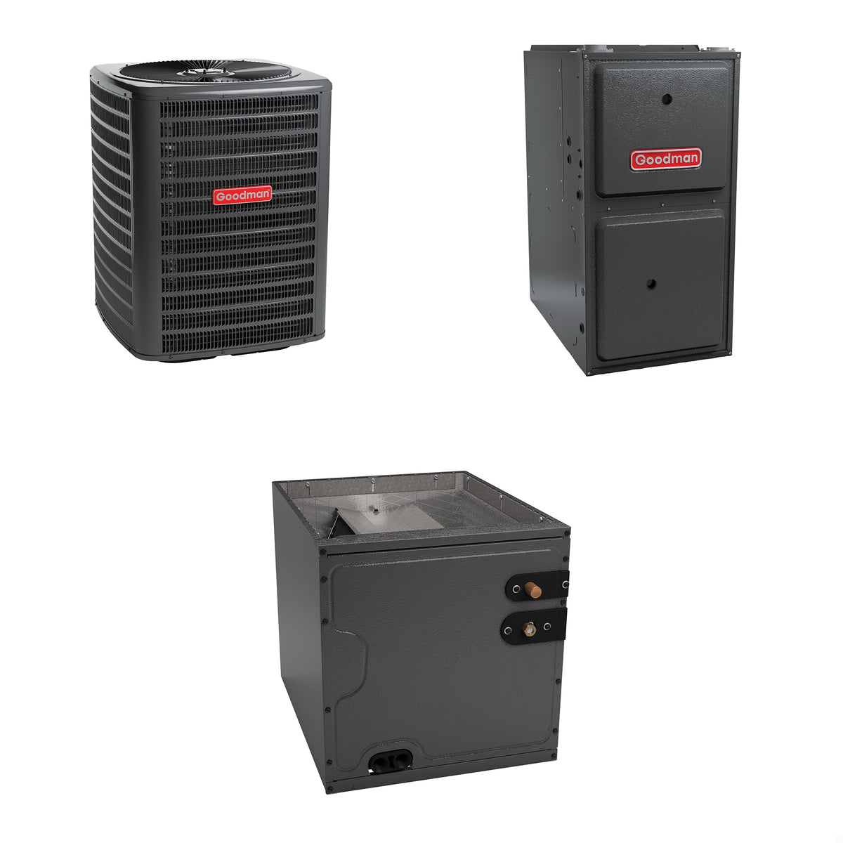 Goodman - 3.5 Ton Cooling - 80k BTU/Hr Heating - Air Conditioner + Multi Speed Furnace System - 13.5 SEER - 96% AFUE - Upflow