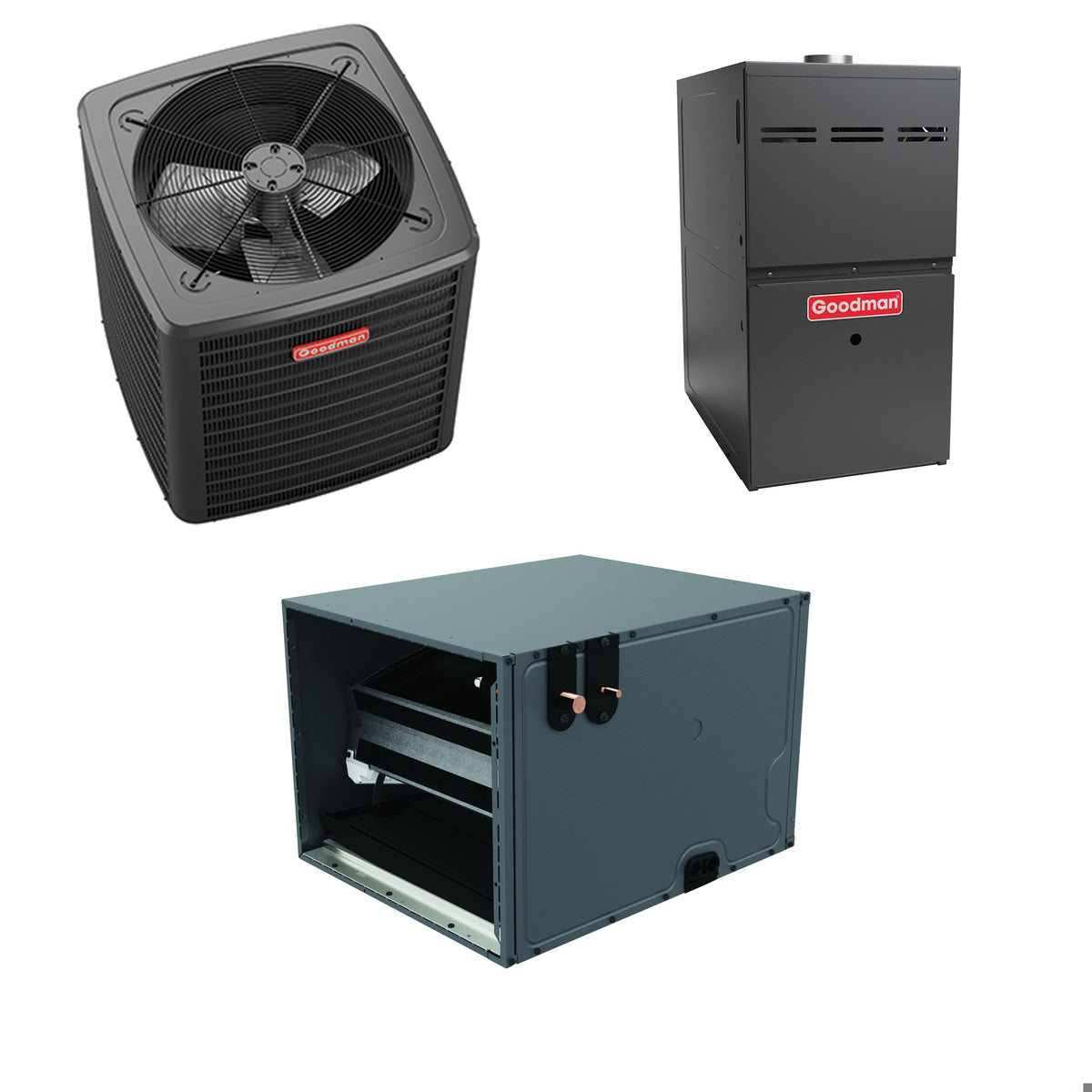 Goodman - 1.5 Ton Cooling - 60k BTU/Hr Heating - Air Conditioner + Variable Speed Furnace System - 14.5 SEER2 - 80% AFUE - Horizontal