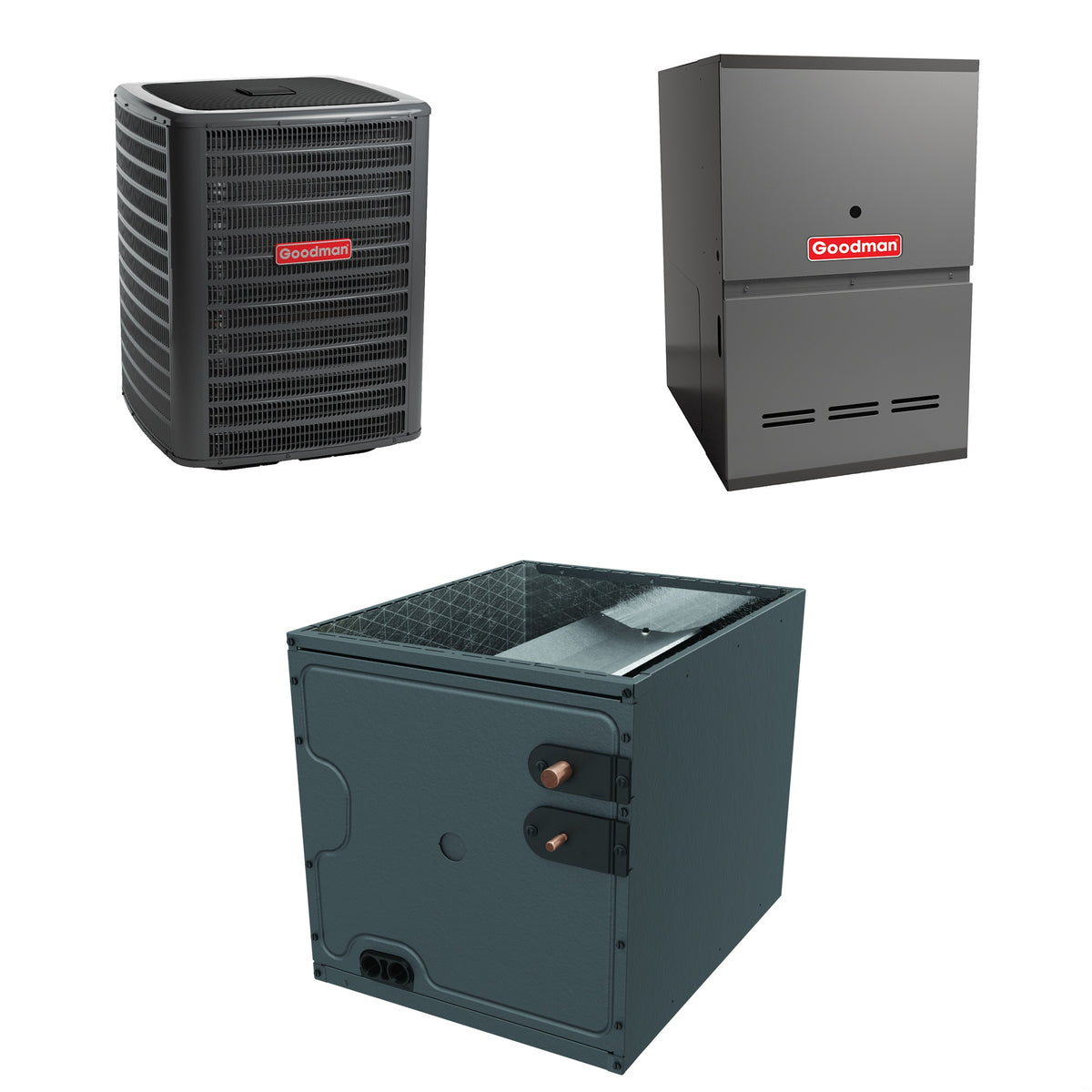 Goodman - 1.5 Ton Cooling - 80k BTU/Hr Heating - Air Conditioner + Variable Speed Furnace System - 15 SEER2 - 80% AFUE - Downflow