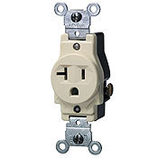 Leviton 5801-I Heavy Duty Grounding Narrow Body Straight Blade Receptacle, 125 VAC, 20 A, 2 Poles, 3 Wires, Ivory