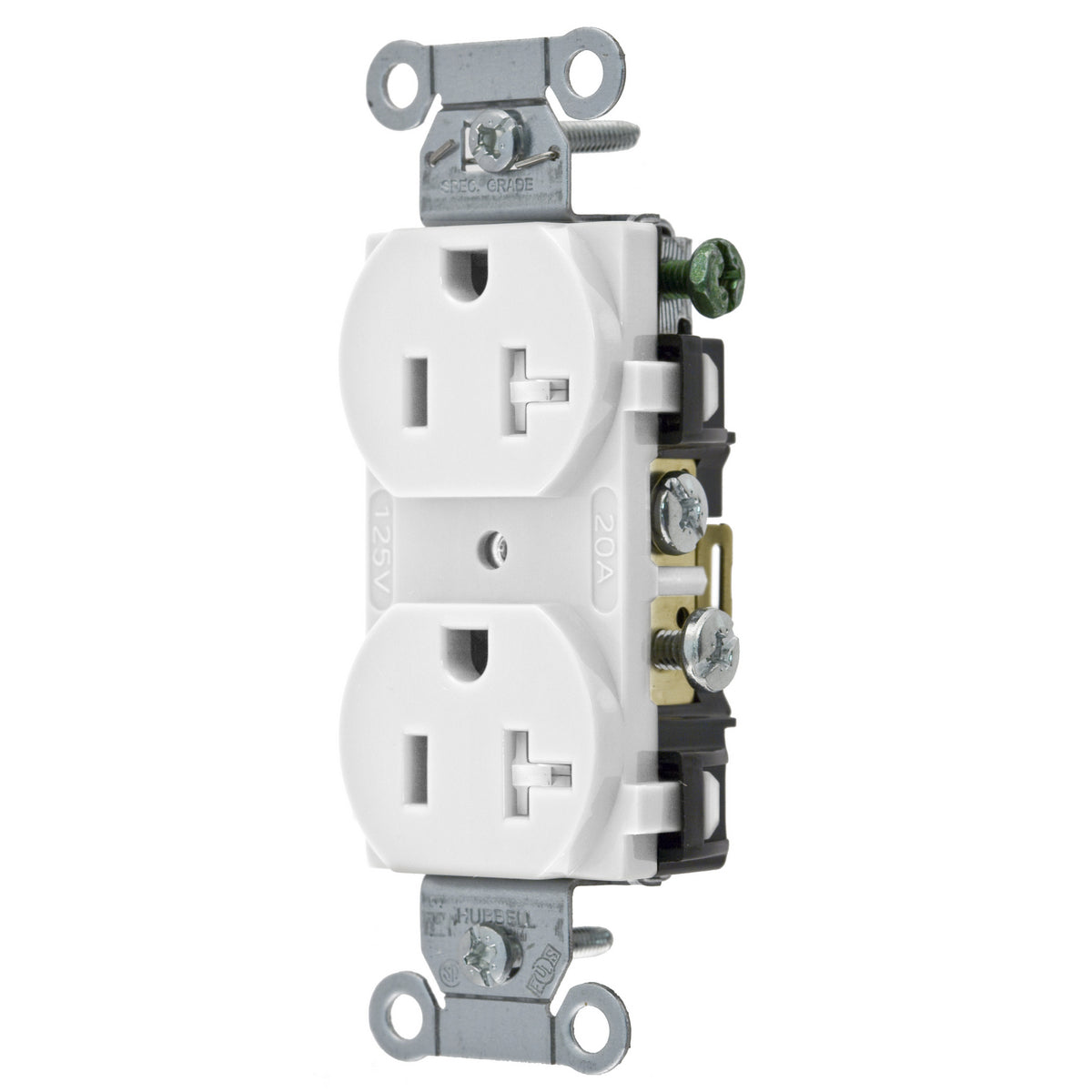 Hubbell CR20WHITR Wiring Device-Kellems 1-Phase Duplex Self-Grounding Standard Tamper Resistant Traditional Screw Mount Straight Blade Receptacle 125 VAC 20 A 5-20R