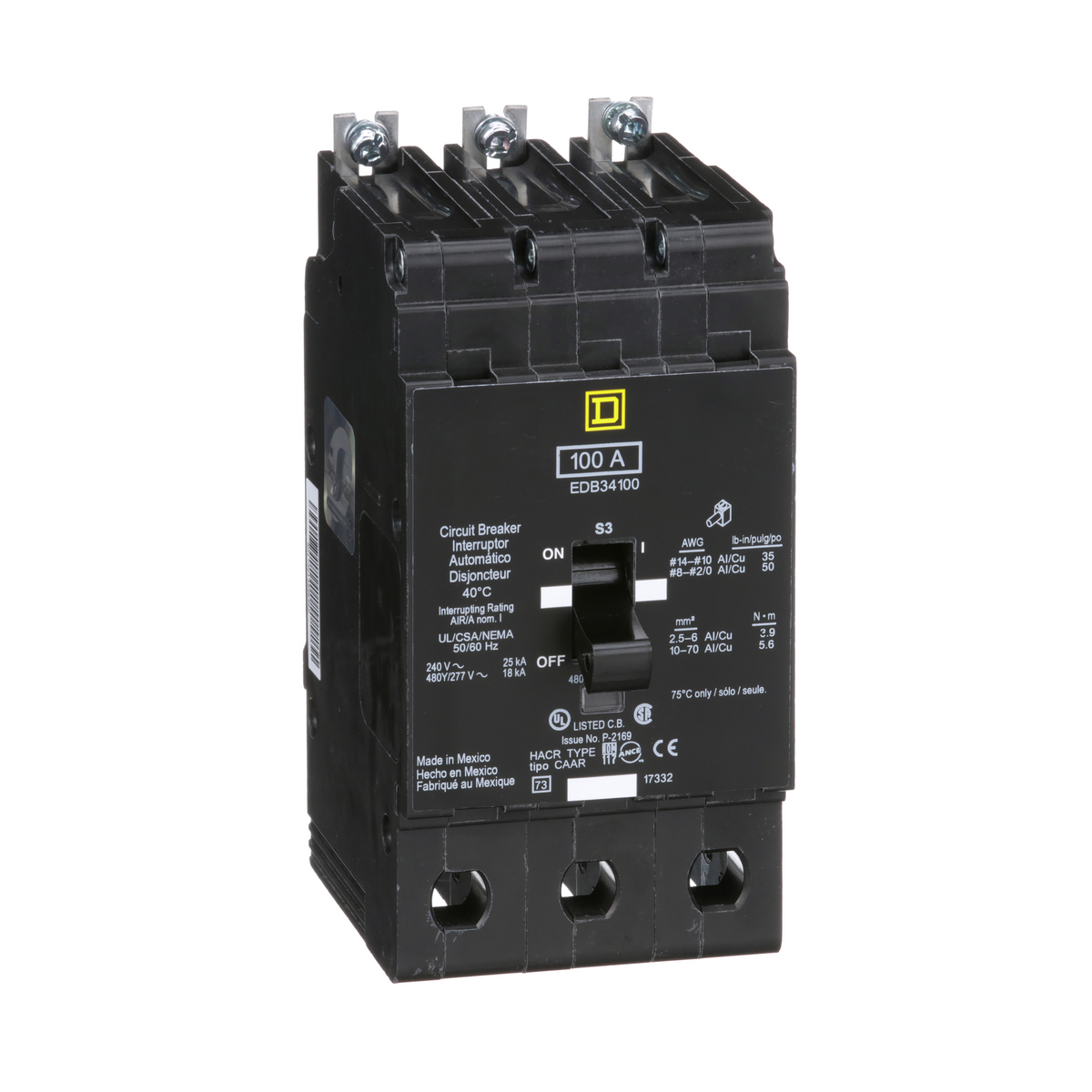 Square D EDB34100 Miniature Circuit Breaker 480Y/277 Volt 100 Amp