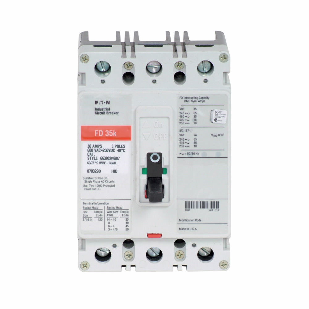 EATON FD3100 C Series Type FD Molded Case Circuit Breaker 600 VAC/250 VDC 100 A 35 kAIC at 480 VAC/65 kAIC at 240 VAC