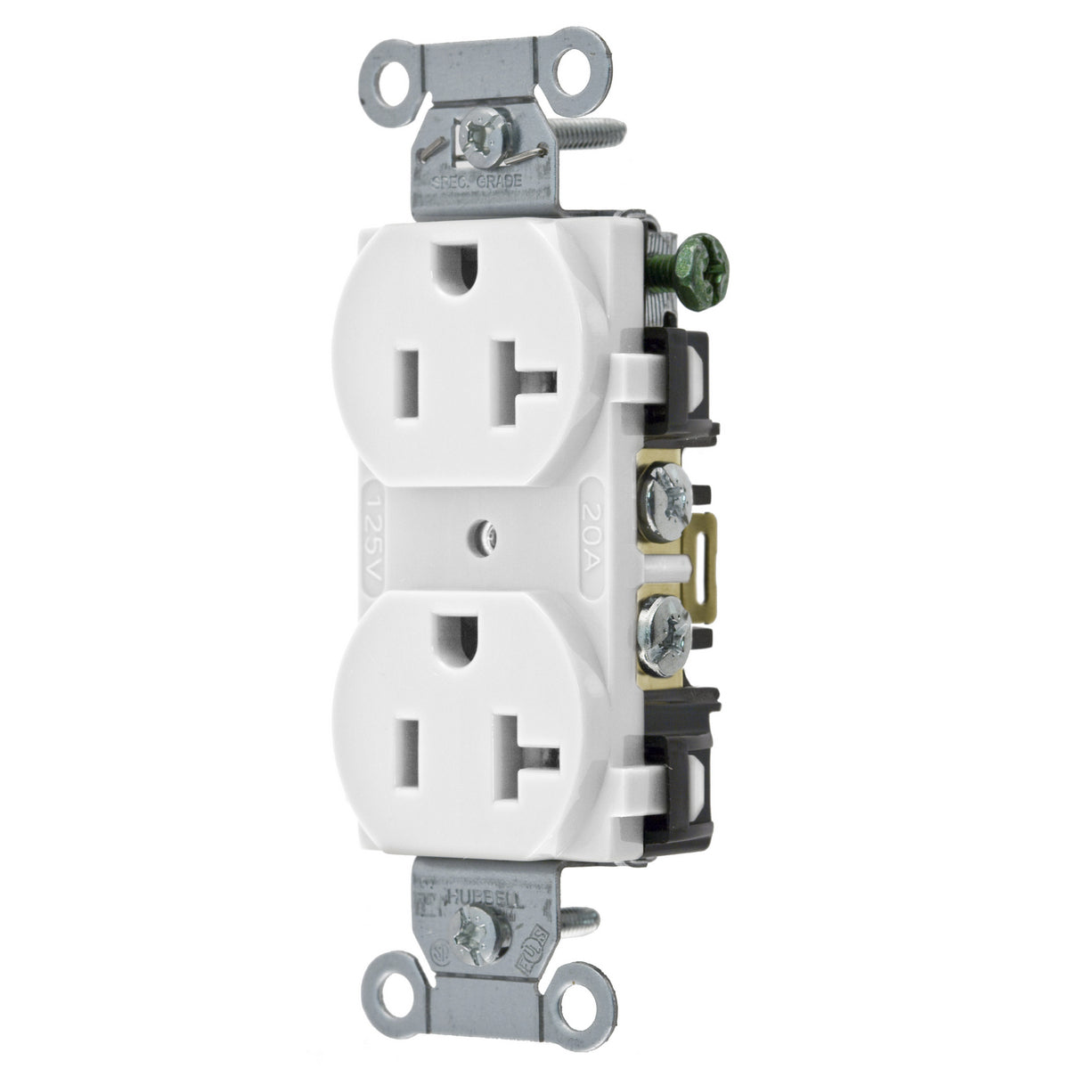 Hubbell BR20WHI Wiring Device-Kellems 1-Phase Duplex Self-Grounding Screw Mount Receptacle 125 VAC 20 A