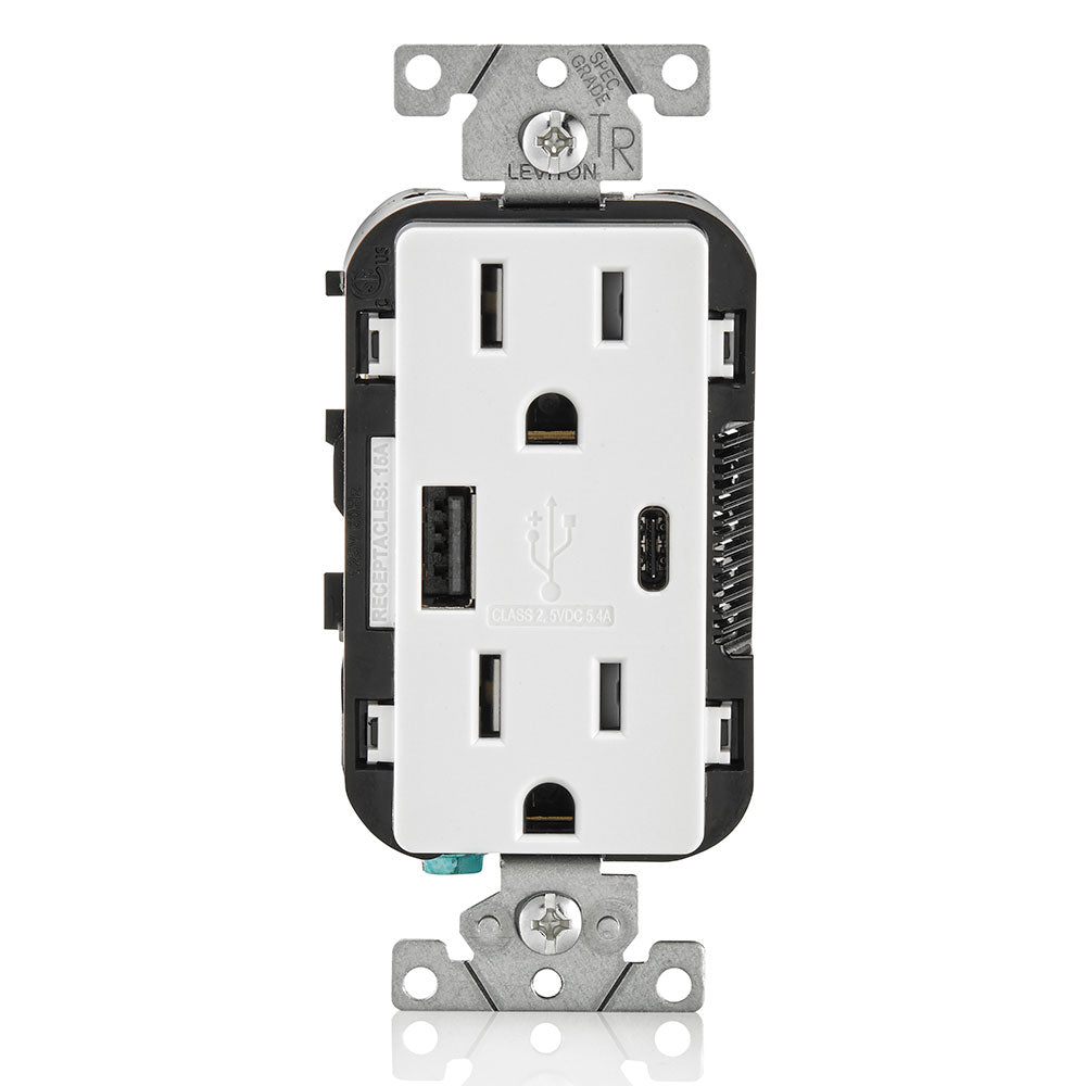 Leviton T5633-W Combination USB Charger/Duplex Receptacle, 15 A, 125 VAC, 25 W, 2 Poles, 3 Wires