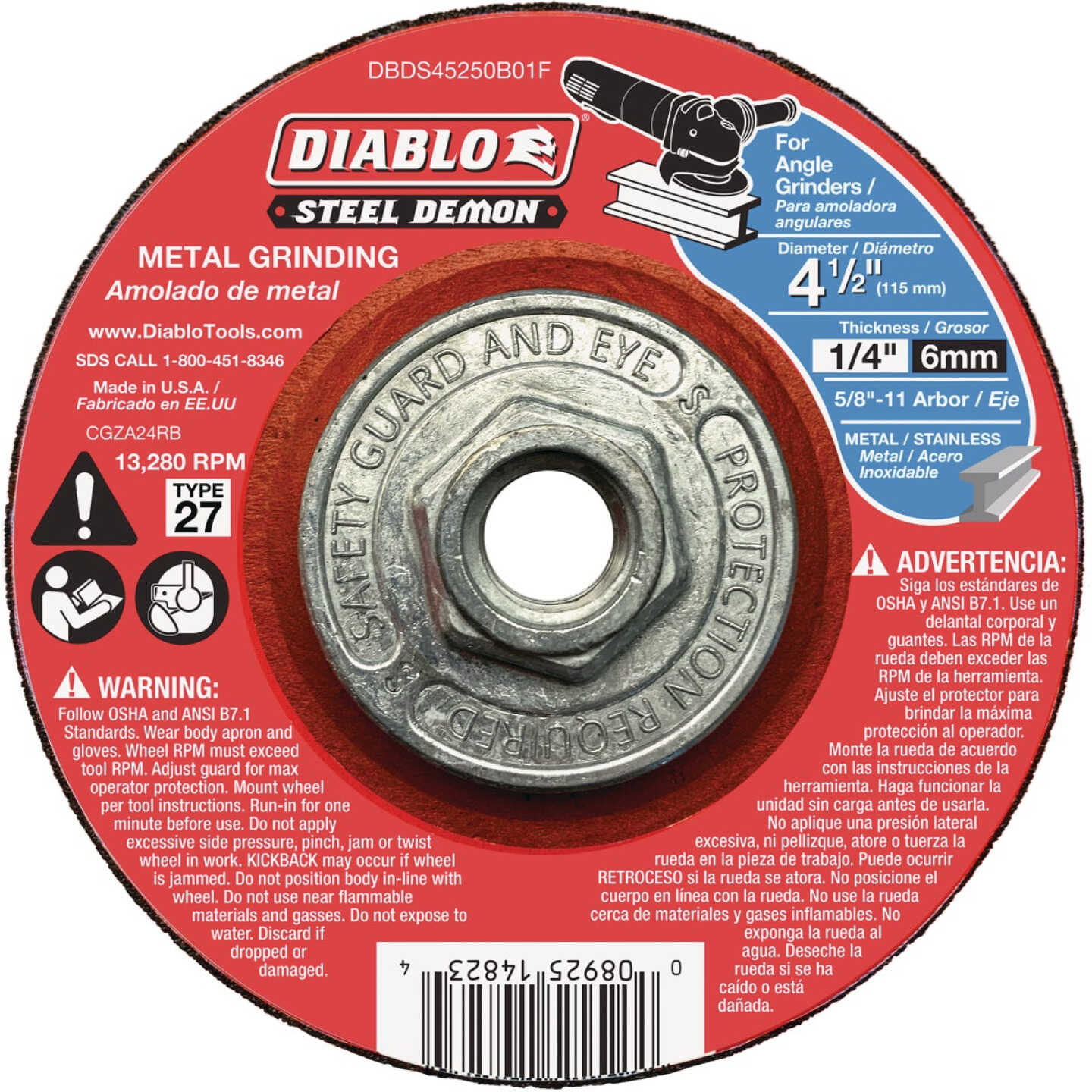 DIABLO Diablo 369739 Steel Demon Type 27 Metal Grinding Cut Off Wheel 4-1/2 in x 1/4 in x 5/8 in-11