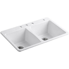 Kohler K-5873-5U-0 Deerfield Under-Mount Enameled Cast Iron Equal Bowl Kitchen Sink, 33 inch x 22 inch, White