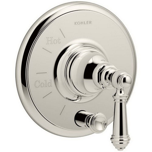 Kohler K-T72768-4-SN Artifacts Rite-Temp Pressure-Balancing Valve Trim with Push-Button Diverter and Lever Handle, Polished Nickel