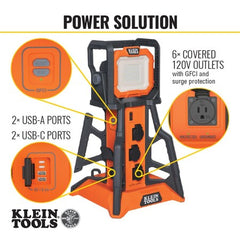 Klein Tools 29610 PowerHub, 6 Surge Protected 15A Outlets, 5000 Lumen Work Light, 4 USB Ports