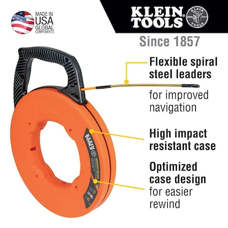 Klein Tools 56350 Fiberglass Fish Tape with Spiral Steel Leader, 50-Foot