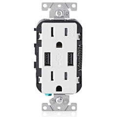 Leviton T5632-W Duplex Receptacle, USB, 15A/125V, Screw Terminal, Tamper