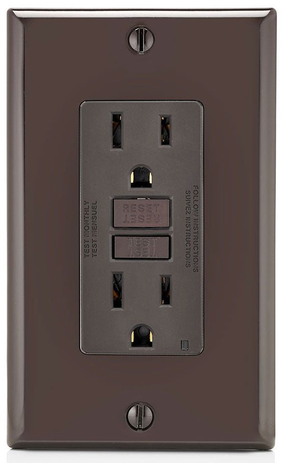 Leviton GFNT1 GFCI Receptacle, Duplex, 125 VAC, 15 Amp, 2 Poles, 3 Wires, Brown