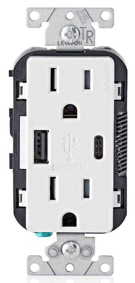 Leviton T5633-W Combination USB Charger/Duplex Receptacle, 15 A, 125 VAC, 25 W, 2 Poles, 3 Wires