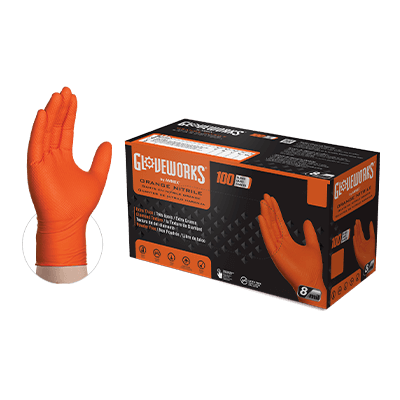 Ammex GWON49100 Gloveworks Industrial Grade Textured Nitrile Gloves, Powder-Free, Orange, 2XL, 100/Bx