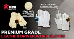 MCR Safety 3601L Premium Grade General Purpose Gloves, Drivers, Gunn Pattern/Standard Finger/Straight Thumb Style, L, Grain Goat Skin Leather