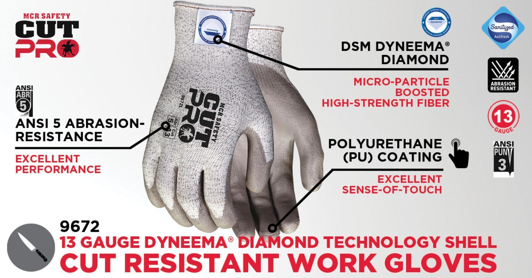 MCR Safety 9672L Dyneema Gloves Large Polyurethane Coating