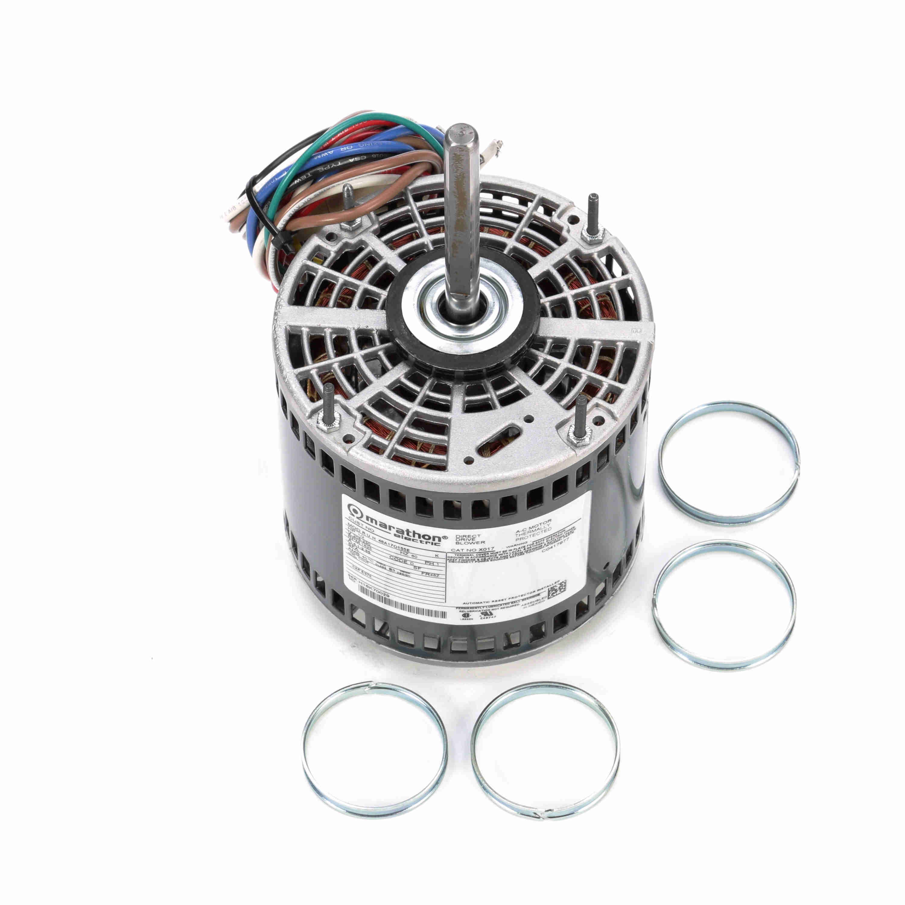 Marathon MX017 48Y Frame Open Air Over 48A17O155 Direct Drive Motor 1/2 hp, 1625 RPM, 208-230 VAC, 1 Phase, 3 Speeds, Ball Bearing, Permanent Split Capacitor, Thru-Bolt