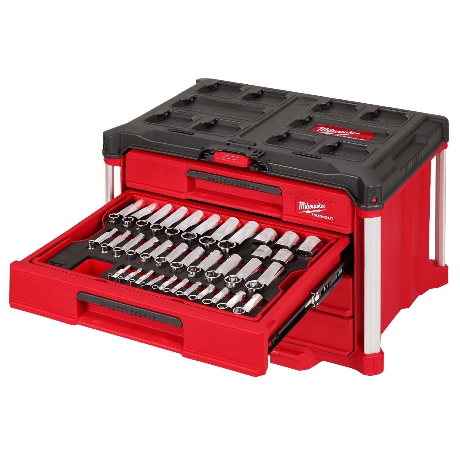 MILWAUKEE Milwaukee 48-22-9491 Ratchet and Socket Set 242-Piece (1/4, 3/8, 1/2 Drive, PACKOUT 4-Drawer Tool Box)