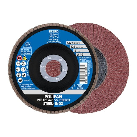 Pferd 62158 5 x 7/8 A.H. Polifan Flap Disc A SG Steelox Aluminum Oxide 40 Grit Flat