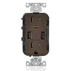 Leviton T5632-B Grounding Tamper-Resistant Receptacle and USB Charger, 15 A, 125 VAC, Brown