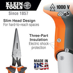 Klein 2036EINS Long Nose Side Cutter Pliers 6-Inch Slim Insulated