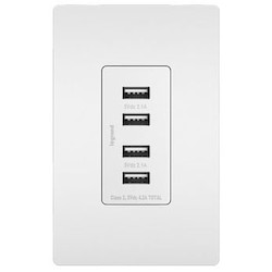 Pass & Seymour TM8USB4WCC6 USB Charger, 125 Volt AC/5 Volt DC, 4-Port Charger