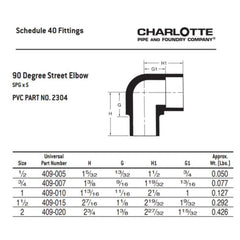 Charlotte Pipe PVC023041000 Plastic Elbow 90 Degree, 1-1/4 inch x 1-1/4 inch, PVC, Spigot x Socket, Schedule 40