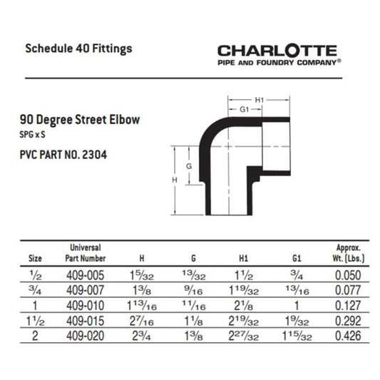 Charlotte Pipe PVC023040500 Plastic Elbow 90 Degree, 1/2 inch x 1/2 inch, PVC, Spigot x Socket, Schedule 40