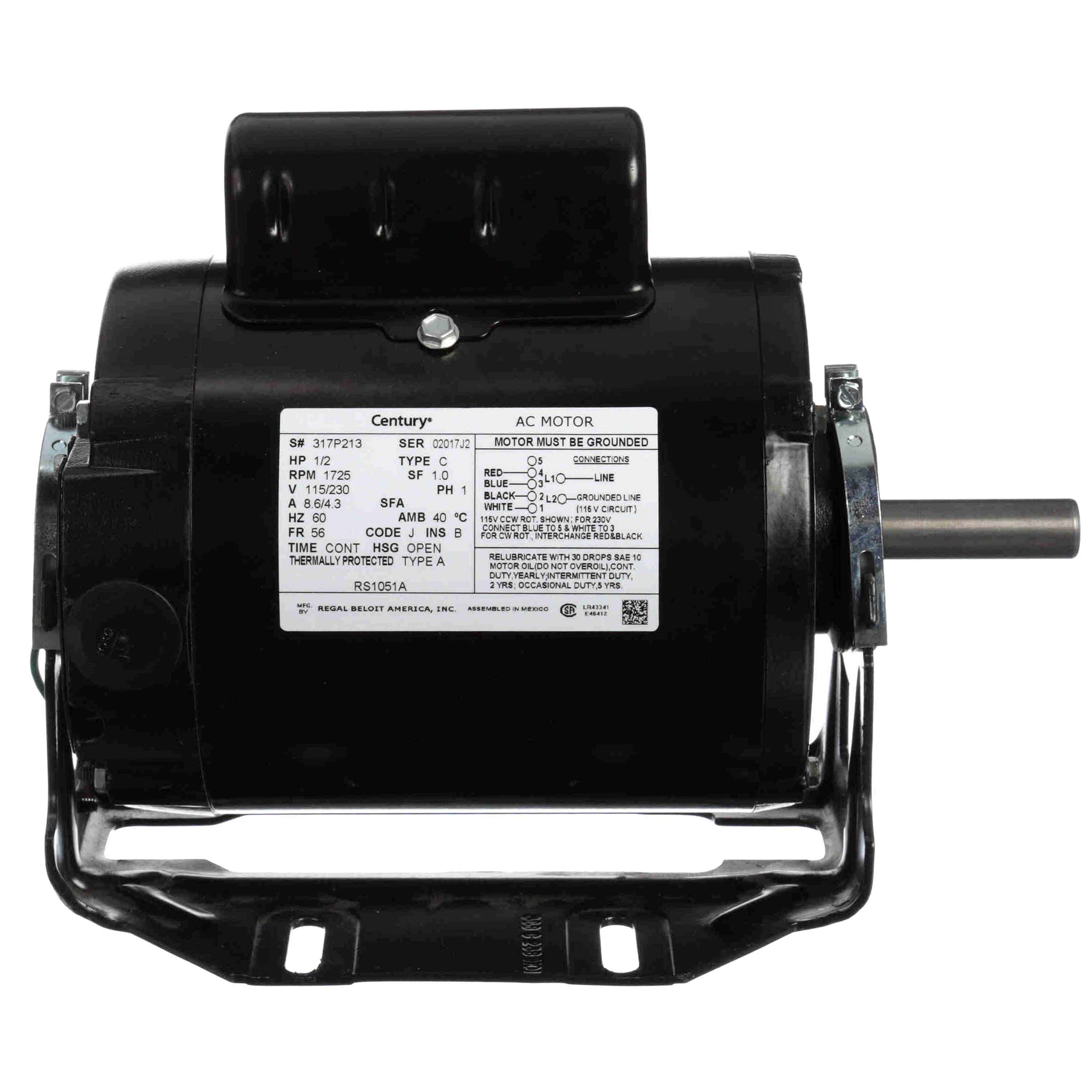 Regal Rexnord - Century Motors RS1051A 1/2HP 1725RPM 115/230V 56F 1PH