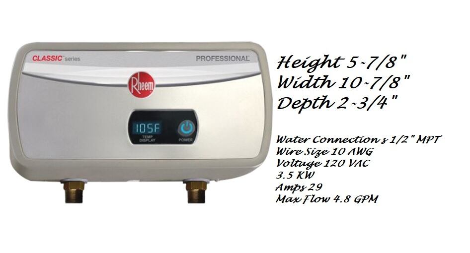 Rheem RTEX-04 Electric Water Heater Tankless 120 VAC 3.5 KW 0.3 - 4.8 GPM