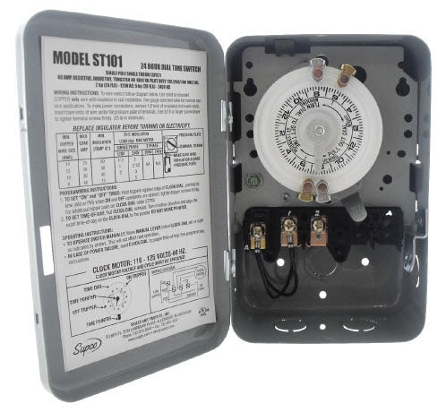 Supco ST101 120 V, 40 A, 2 HP, 1000 VA, SPST, NEMA 1, Steel, 10-Operation, 24 Hr, Electromechanical Timer Switch