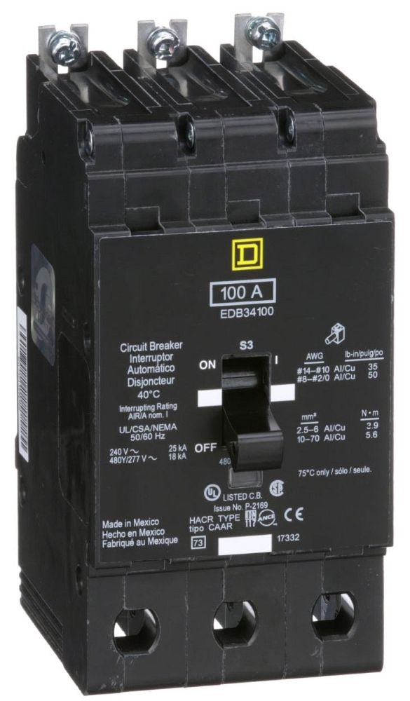 Square D EDB34100 Miniature Circuit Breaker 480Y/277 Volt 100 Amp