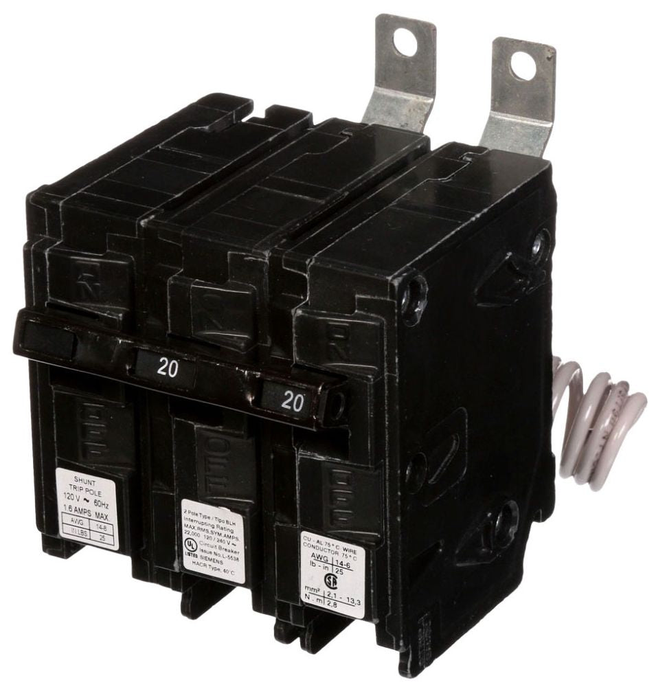 Siemens B220H00S01 120 and 240 Volt 20 Amp 22 Kaic 2-Pole Type Blh Circuit Breaker with 120 Volt Shunt