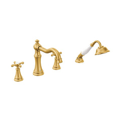 Moen TS21102BG Weymouth brushed gold two-handle roman tub faucet includes hand shower