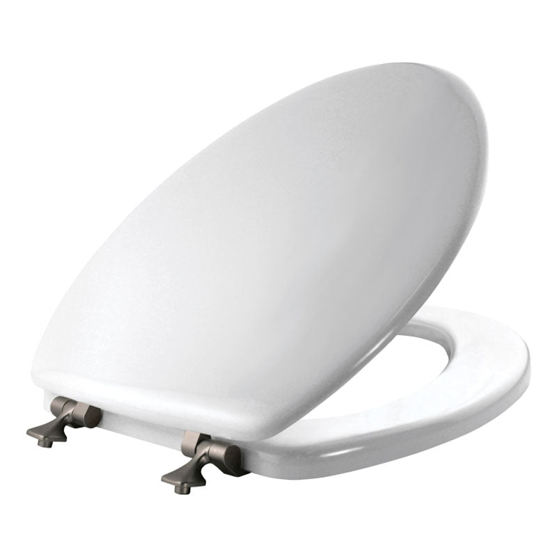 True Value 144BN000 Mayfair Elongated Molded Wood Toilet Seat, Brushed-Nickel Hinge, White