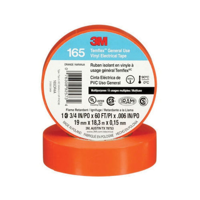 3M 165OR4A Temflex Vinyl Electrical Tape 165 Orange 3/4 in x 60 ft 1000 V