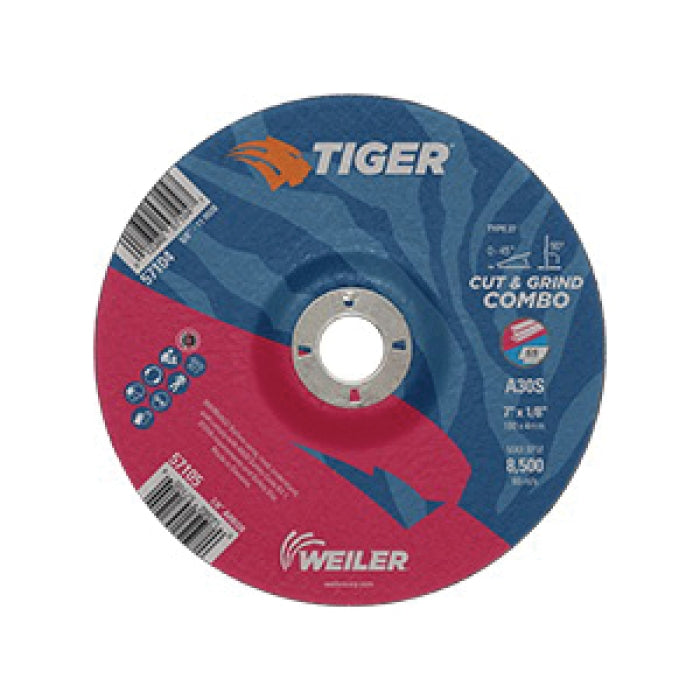 Weiler 57105 Tiger 57105 Cut & Grind Combo Wheel - 7 in Dia x 1/8 in THK, 30 Grit