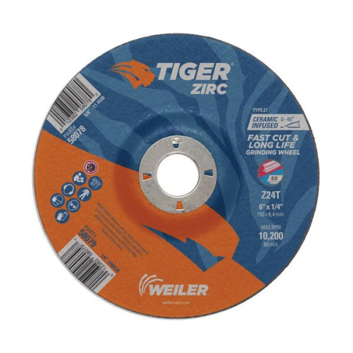 Weiler 58079 Tiger 58079 Performance Line Grinding Wheel 6 in Diameter 1/4 in Thickness 24 Grit