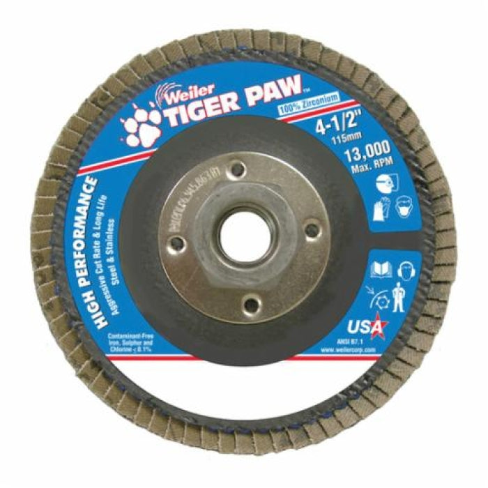 Tiger Paw 51123 High Performance Coated Abrasive Flap Disc 4-1/2 in Dia 36 Grit