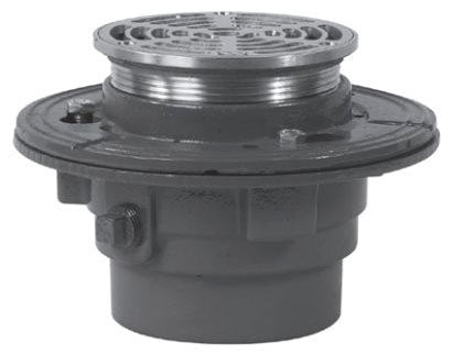 Watts FD-102P-A6 2, Push-On, Epoxy Coated Cast Iron, Medium Duty, Adjustable, Floor Drain with 6 Round Heelproof Nickel Bronze Strainer