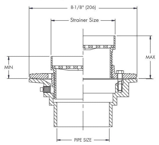 Watts FD-102P-ER7 2 Push-On Adjustable Floor Drain with 7 Round Nickel Bronze Extended Rim Strainer