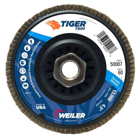 Weiler 50007 Tiger 5/8-11 Arbor, 4-1/2 Diameter, 60 Grit, Zirconium, Trimmable Composite Backing, Angled Abrasive Flap Disc