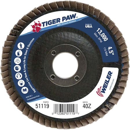 Weiler 51119 Tiger Paw Abrasive Flap Disc 40Z 4-1/2 Inches 7/8 Arbor Hole (Pack of 10)