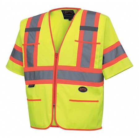 Pioneer V1023560U-2XL High Visibility Tricot Sleeved Safety Vest Reflective Tape 4 Pockets Yellow Green Unisex XX-Large